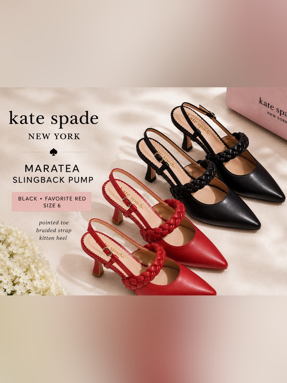 Kate Spade New York Braided Slingback Pointed-Toe Kitten Heels — RedorBlack NWT
